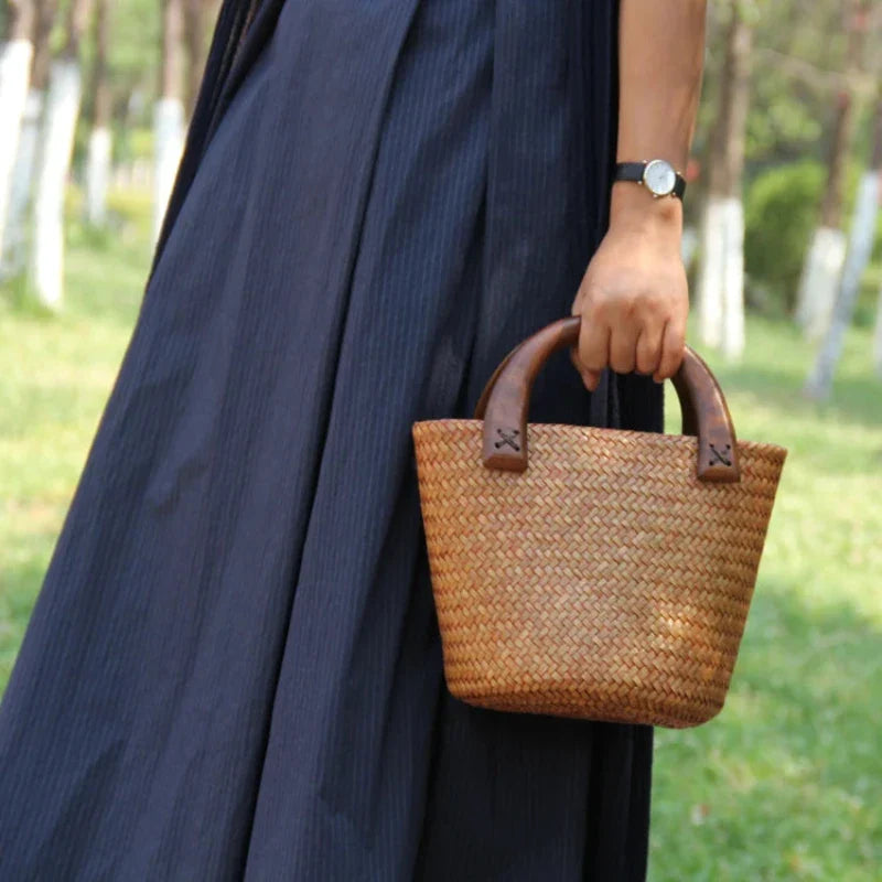 Sac à Main Panier en Osier avec Poignée en Bois