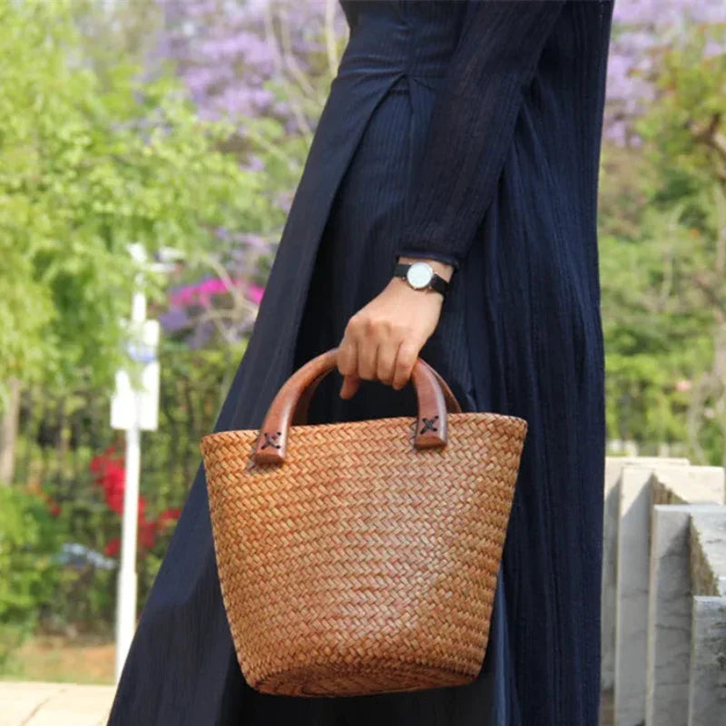 Sac à Main Panier en Osier avec Poignée en Bois