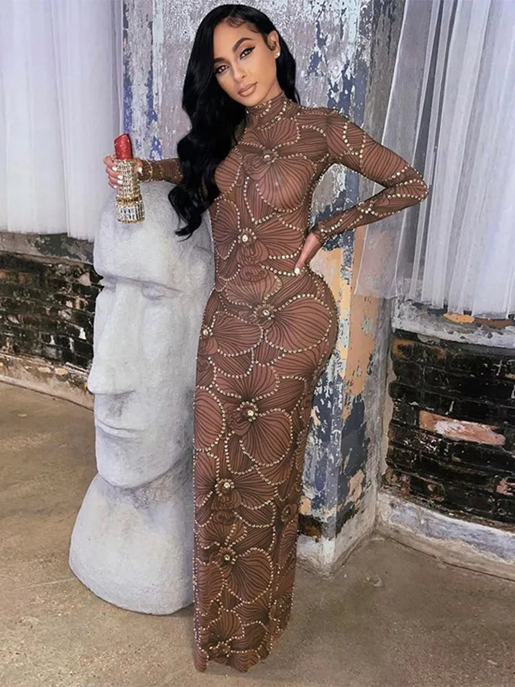 Nicarda - Robe de soirée longue transparente à manches longues pour femmes