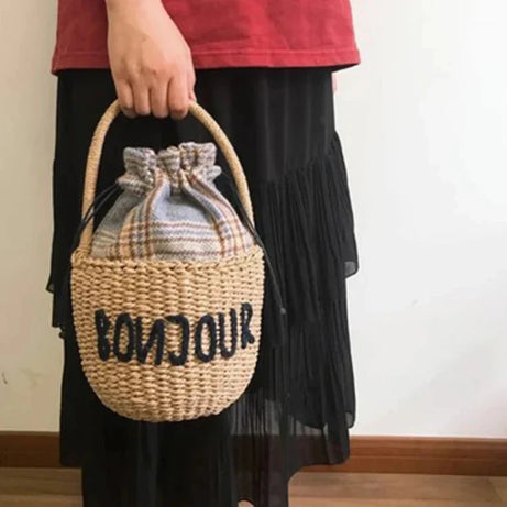 Sac à Main Panier en Paille avec Broderie
