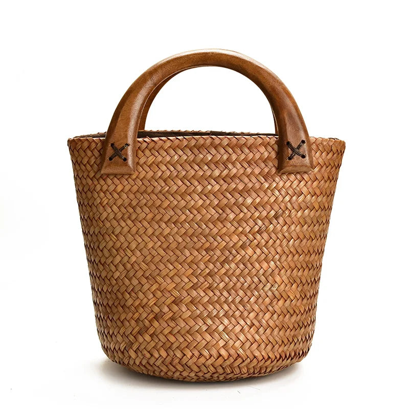Sac à Main Panier en Osier avec Poignée en Bois