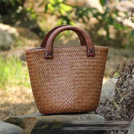 Sac à Main Panier en Osier avec Poignée en Bois