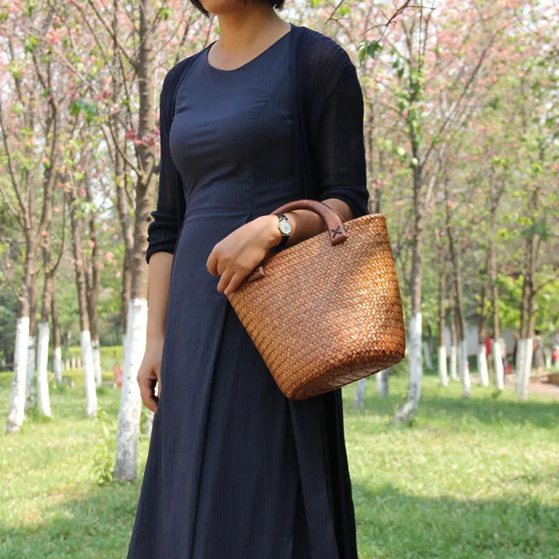 Sac à Main Panier en Osier avec Poignée en Bois