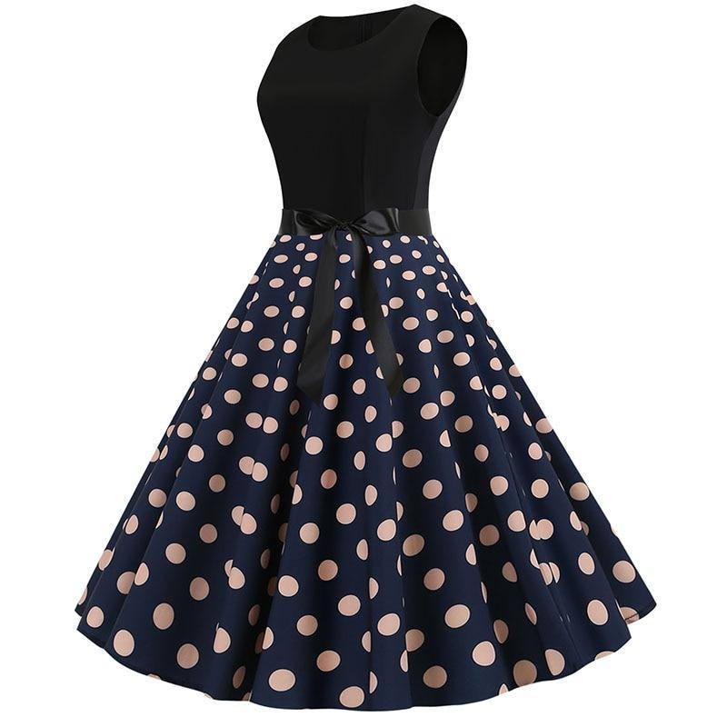 Robe vintage Bleue Marine à Gros Pois