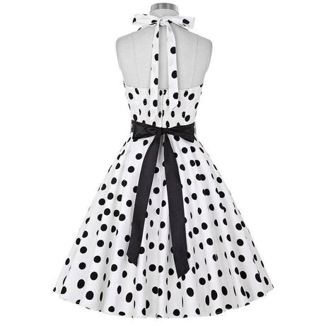 Robe vintage Blanche à Pois Noirs à Col Licou