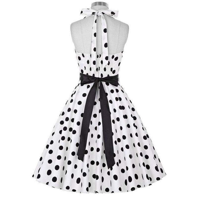 Robe vintage Blanche à Pois Noirs à Col Licou