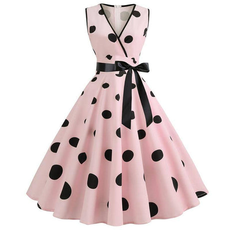 Robe vintage Rose à Pois Noirs Sans Manches