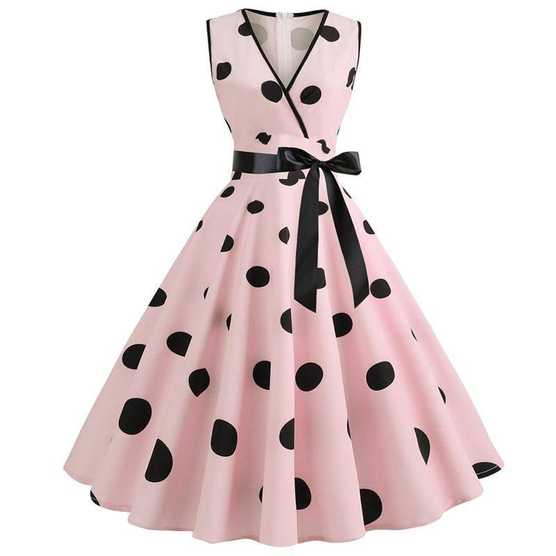 Vintage-Rosa-Kleid mit schwarzen Tupfen, ärmellos