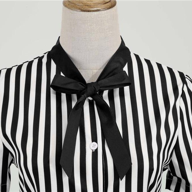 Robe vintage à Chemisier Rayée en Noir et Blanc