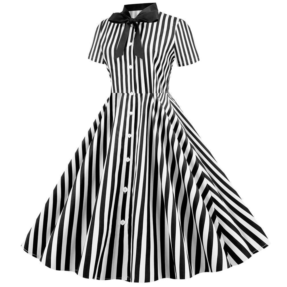 Robe vintage à Chemisier Rayée en Noir et Blanc