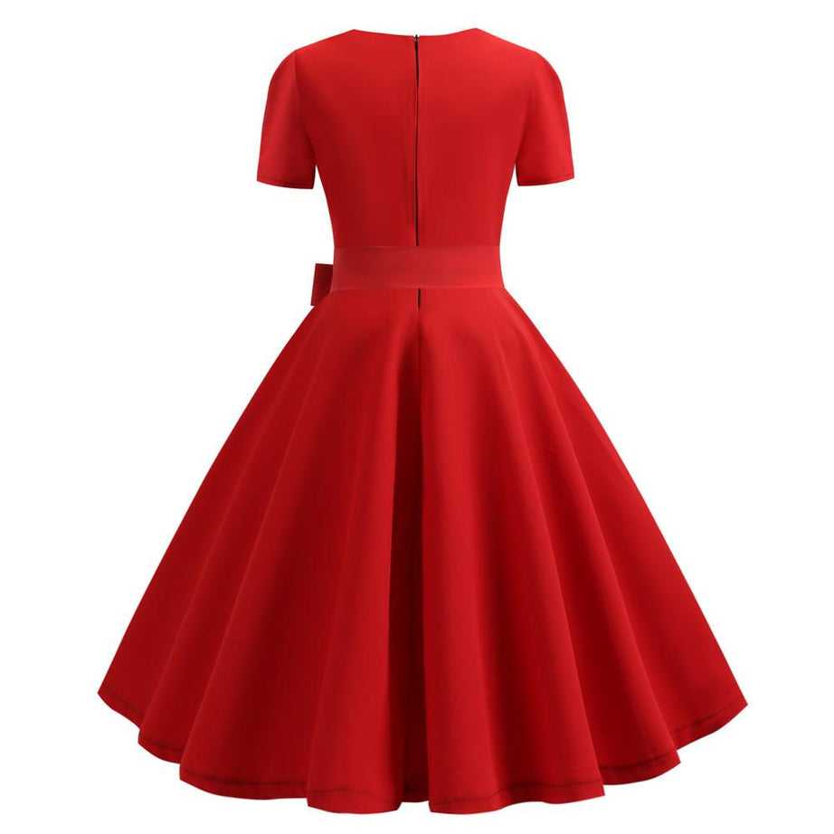 Robe vintage Rouge Uni à Col Carré