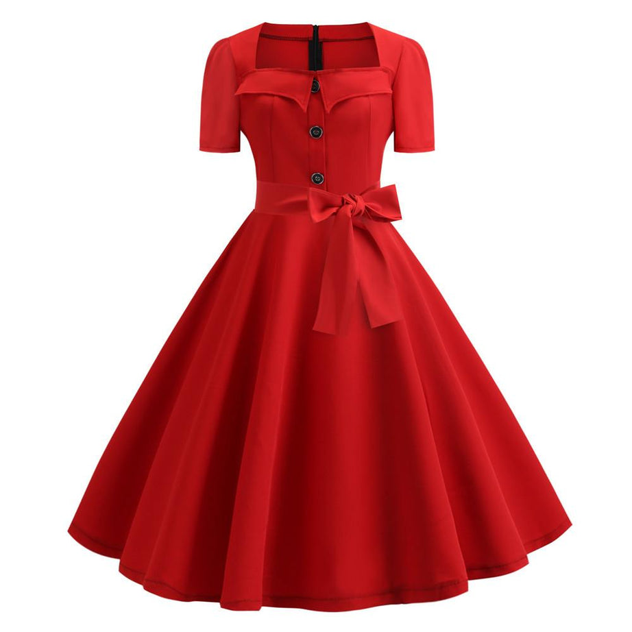 Robe vintage Rouge Uni à Col Carré