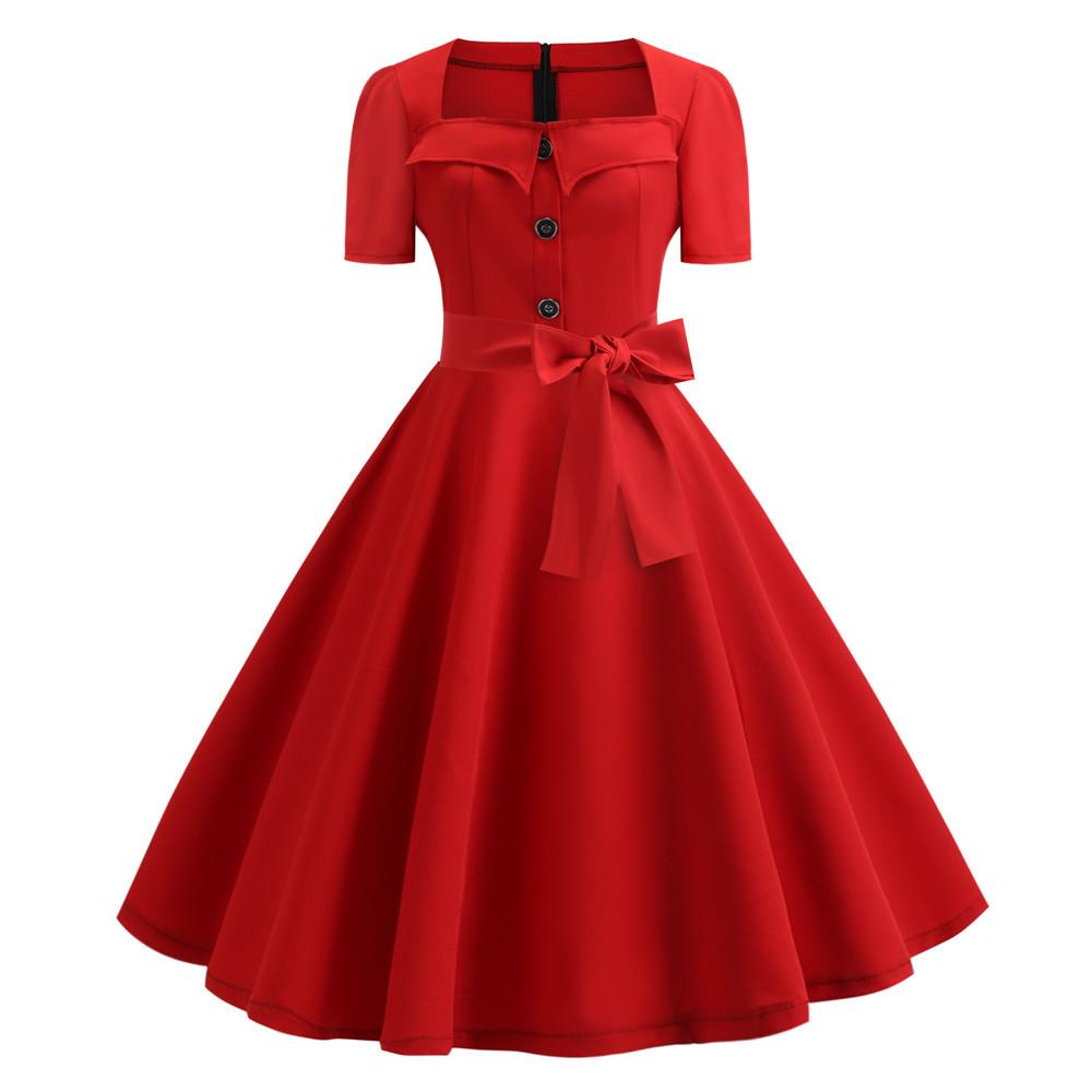 Schlichtes rotes Vintage-Kleid mit quadratischem Kragen