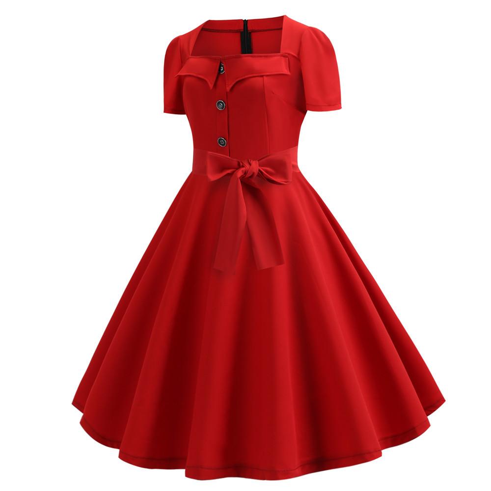 Schlichtes rotes Vintage-Kleid mit quadratischem Kragen