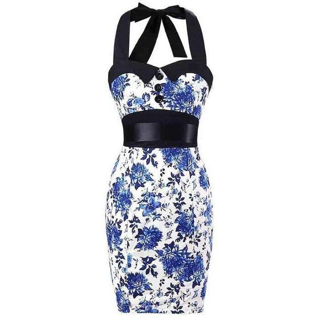 Vintage Bleistiftkleid Blaue Blumen