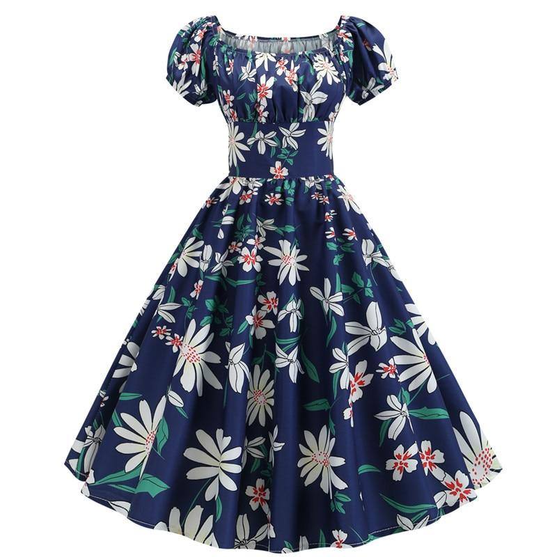 Robe vintage Bleue Marine Fleurie