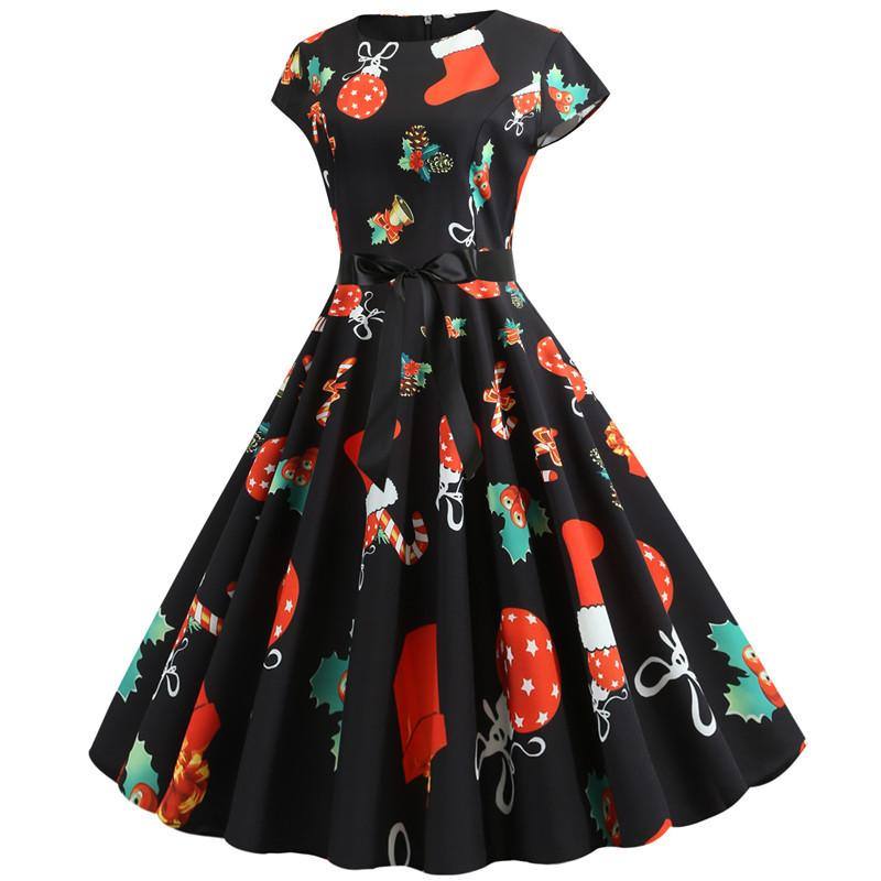 Schwarzes Vintage-Kleid mit Weihnachtsmustern