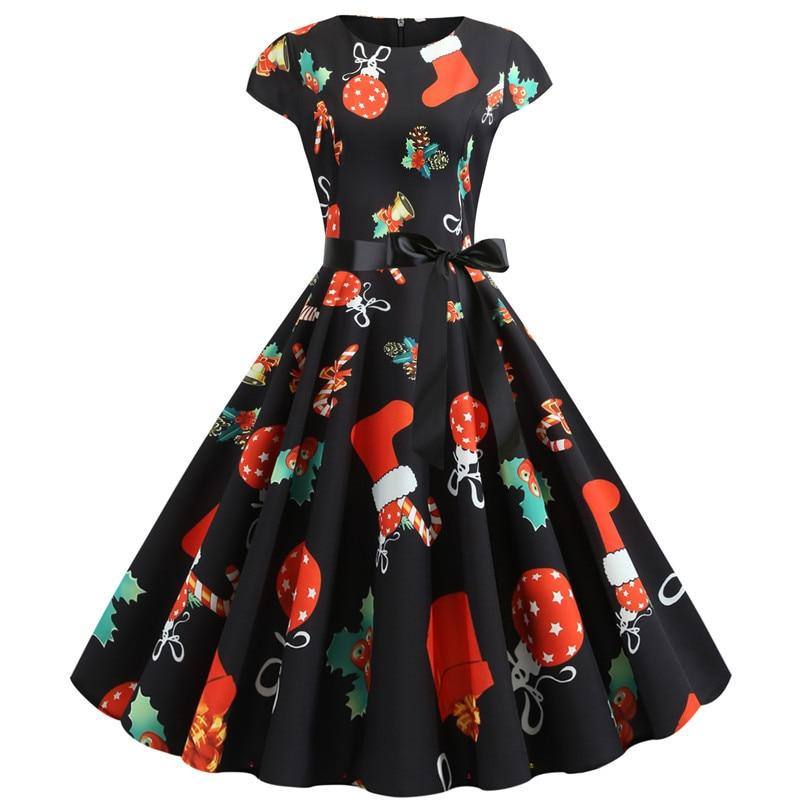 Schwarzes Vintage-Kleid mit Weihnachtsmustern
