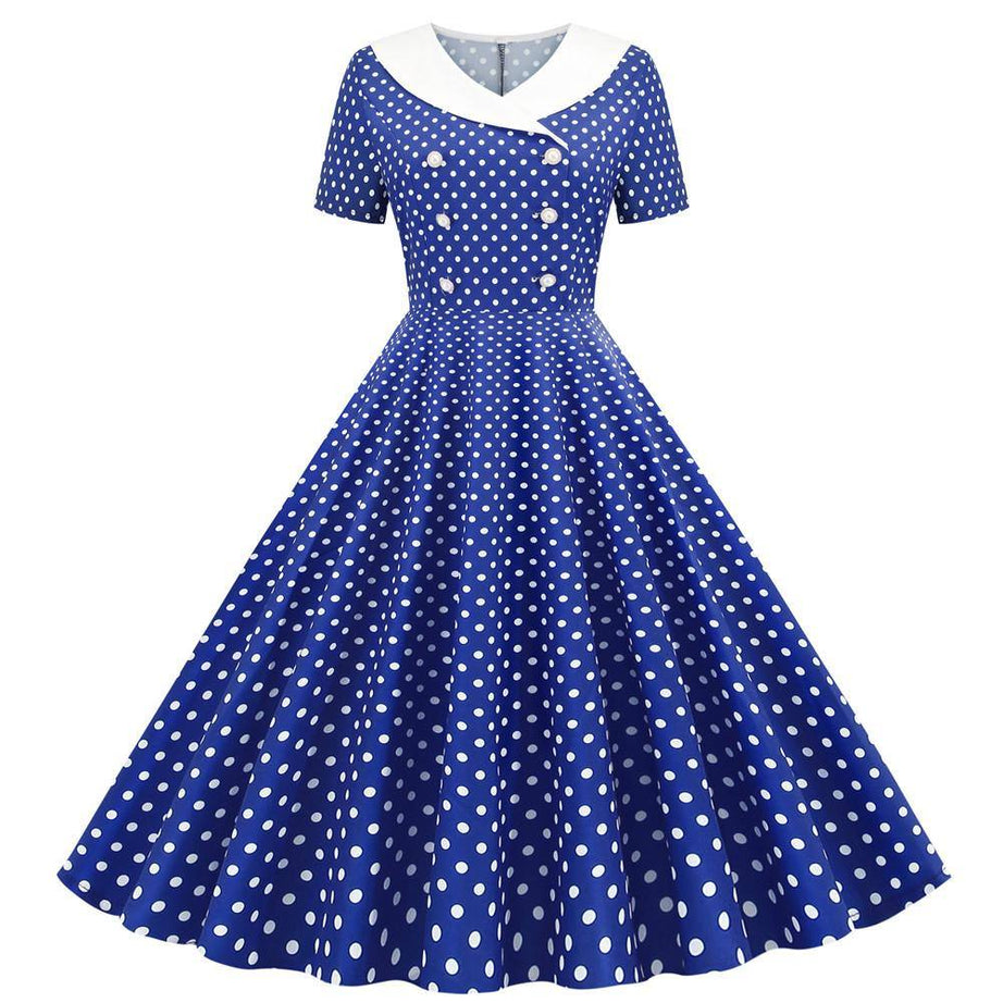 Robe vintage Bleue à Pois Blancs à Col Croisé