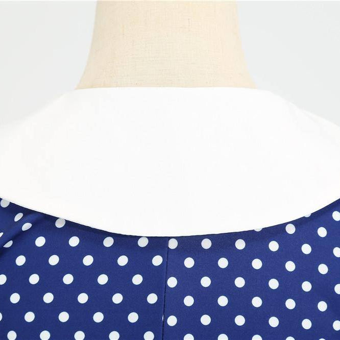 Robe vintage Bleue à Pois Blancs à Col Croisé