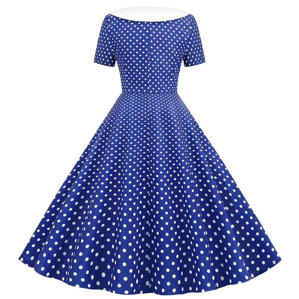 Robe vintage Bleue à Pois Blancs à Col Croisé