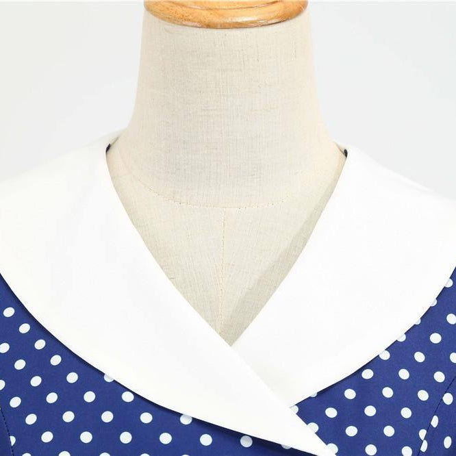Robe vintage Bleue à Pois Blancs à Col Croisé