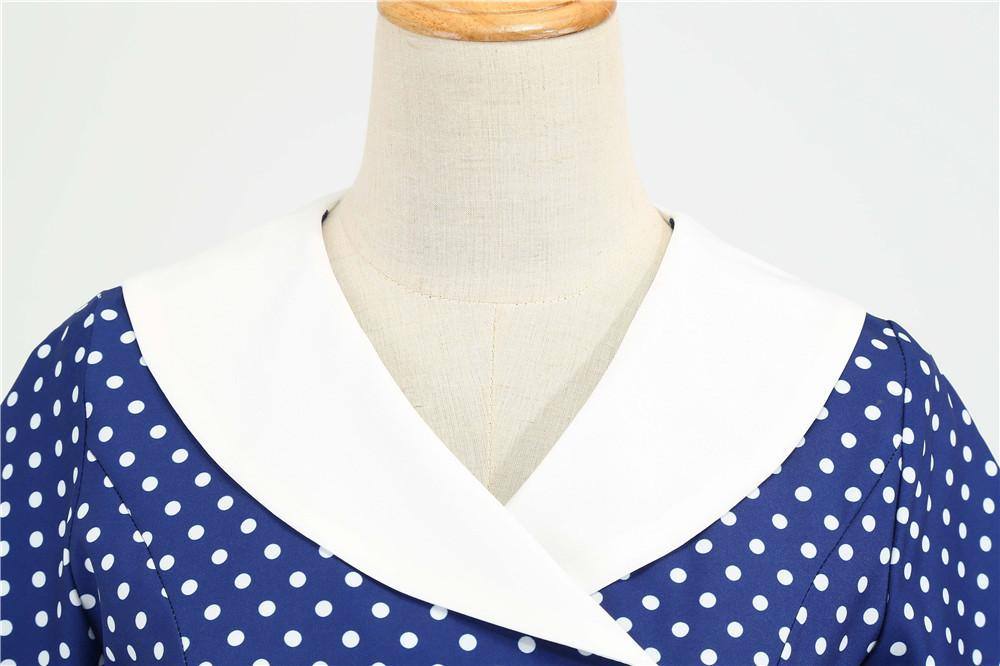 Robe vintage Bleue à Pois Blancs à Col Croisé