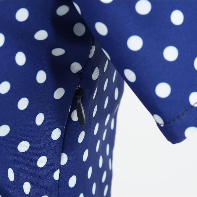 Robe vintage Bleue à Pois Blancs à Col Croisé