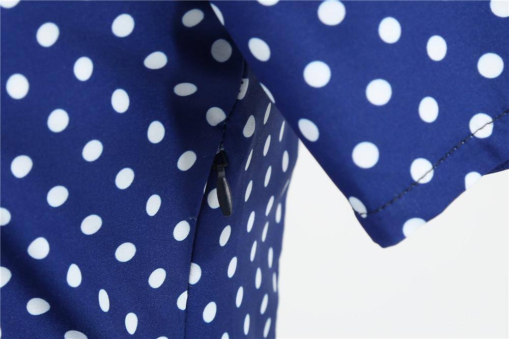 Robe vintage Bleue à Pois Blancs à Col Croisé
