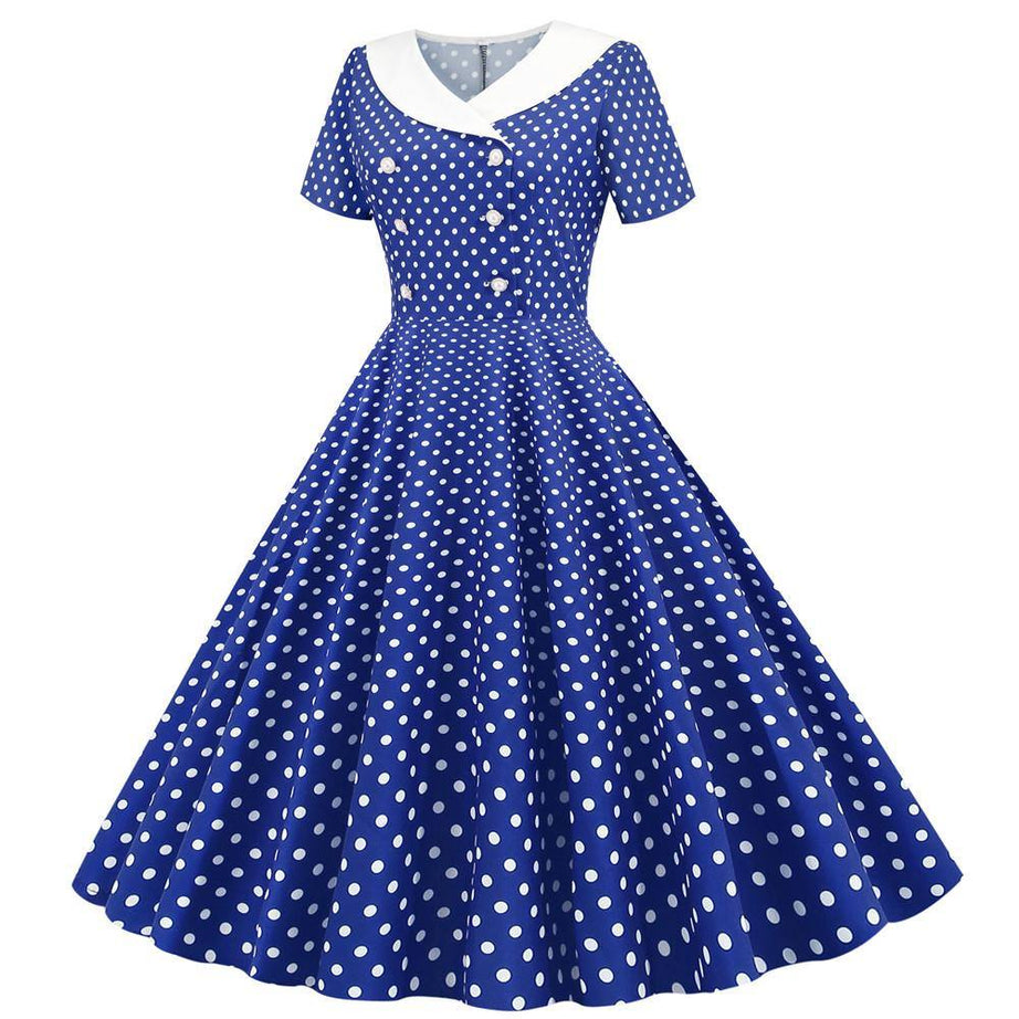 Robe vintage Bleue à Pois Blancs à Col Croisé
