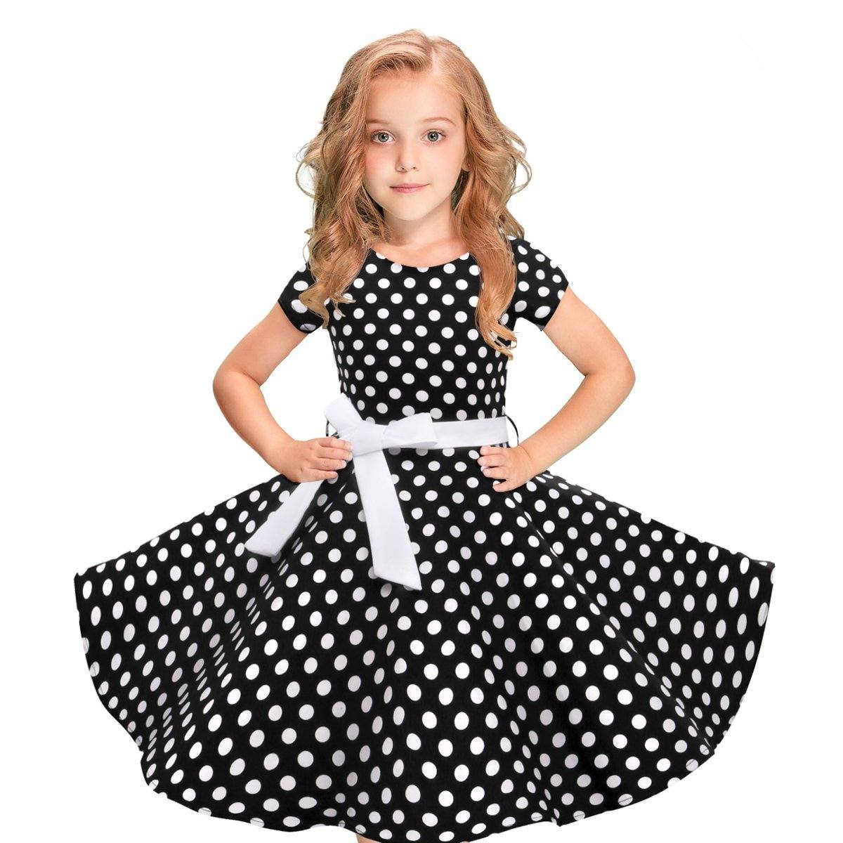 Schwarzes Vintage-Kleid mit weißen Punkten für Kinder