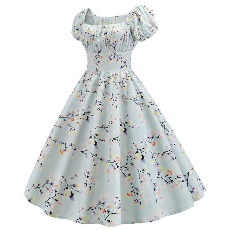 Robe vintage d'Été Bleue Ciel Fleurie