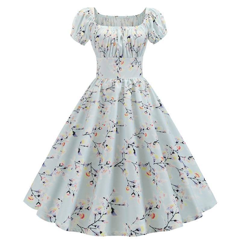 Robe vintage d'Été Bleue Ciel Fleurie