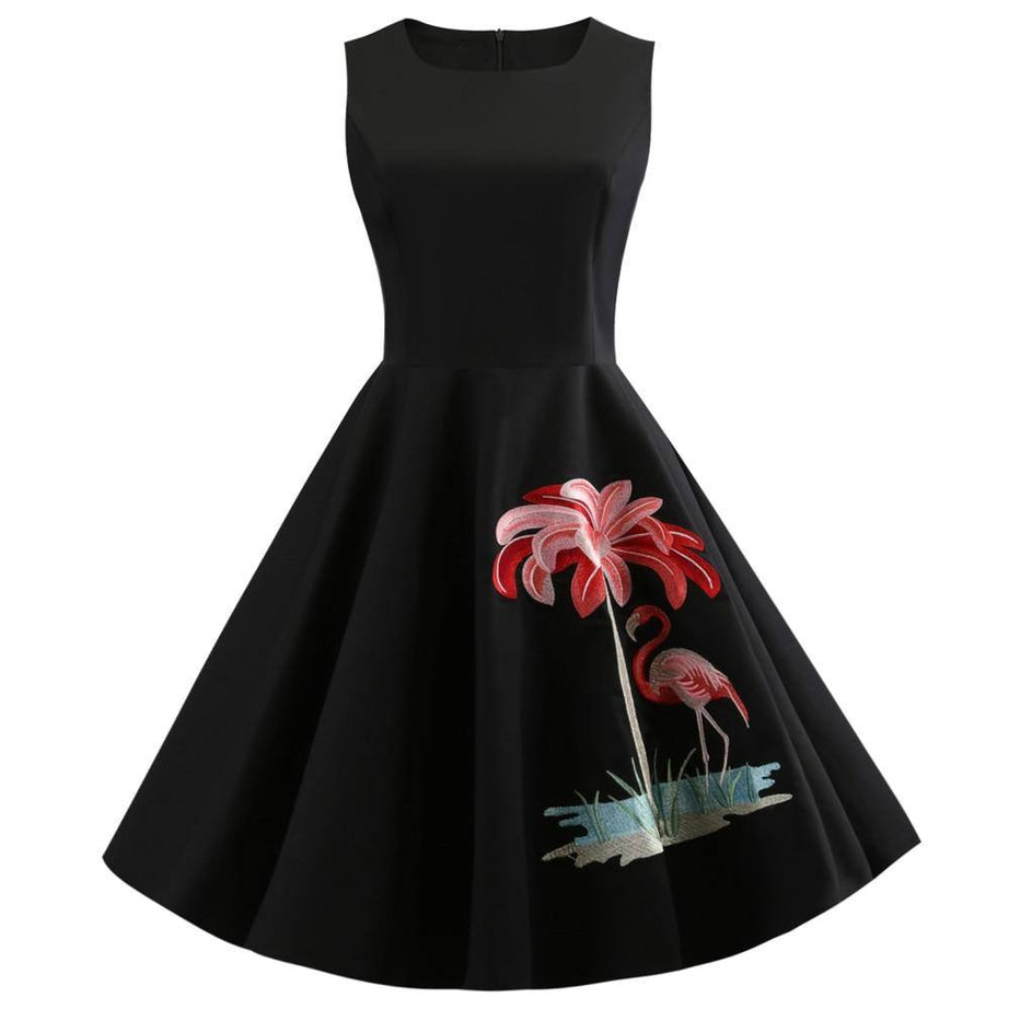 Robe vintage Noire à Flamant Rose