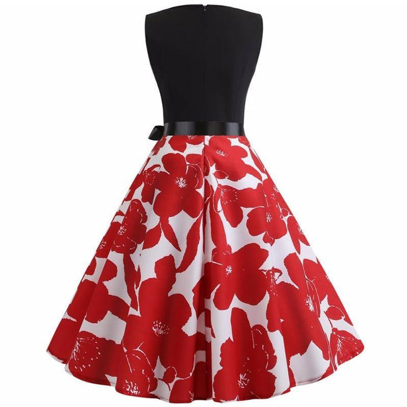 Vintage Schwarz-Weißes Kleid mit roten Blumen