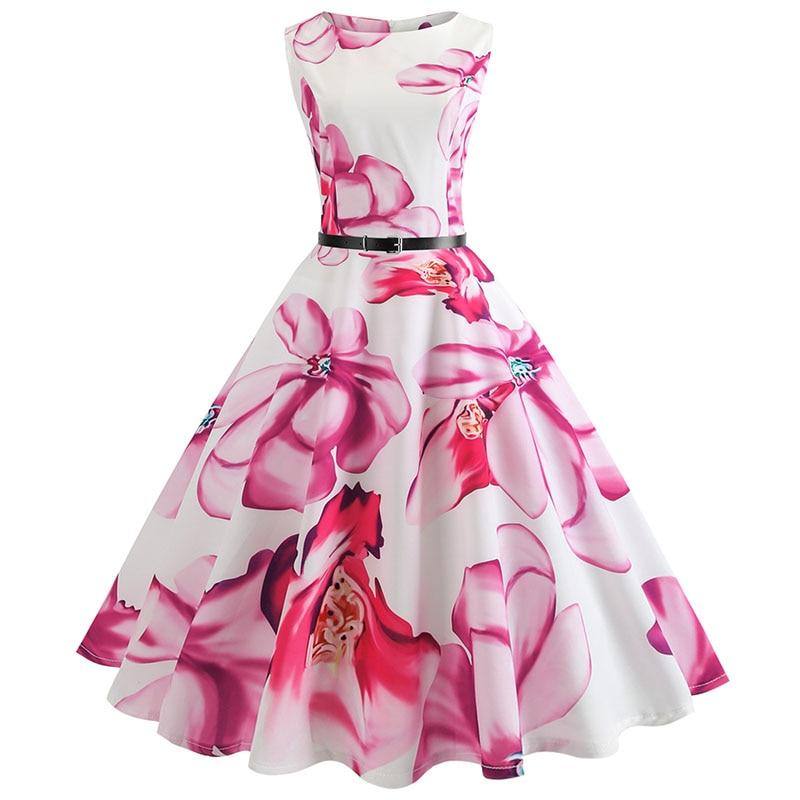 Weißes Vintage-Kleid mit rosa Blumen, besondere Guinguette