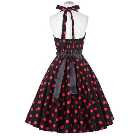 Robe vintage Noire à Pois Rouge  & à Col Licou