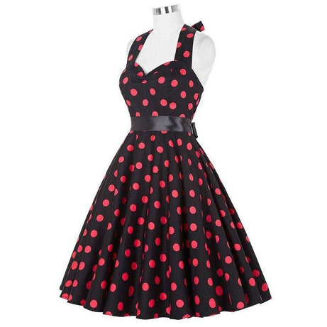 Robe vintage Noire à Pois Rouge  & à Col Licou