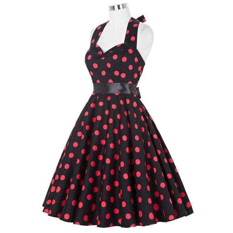 Robe vintage Noire à Pois Rouge  & à Col Licou