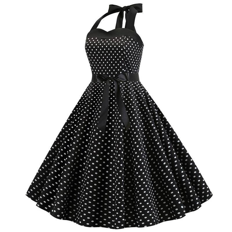 Schwarzes Vintage-Kleid mit weißen Tupfen und Neckholder