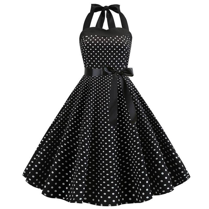 Schwarzes Vintage-Kleid mit weißen Tupfen und Neckholder