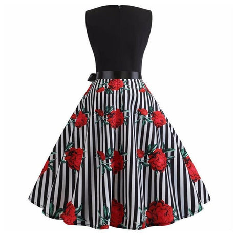 Robe vintage Rayée à Fleurs Rouges