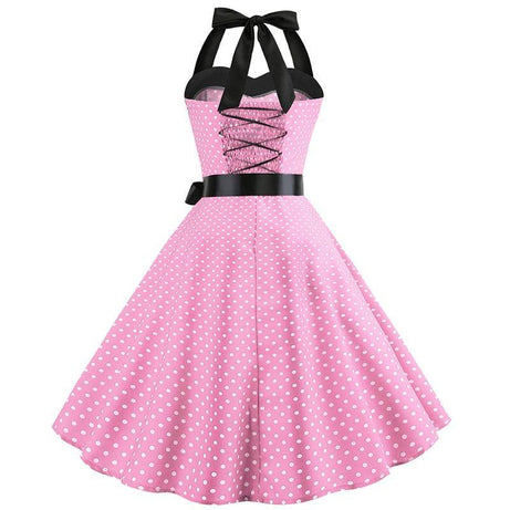 Robe vintage Rose à Pois Blancs à Col Licou