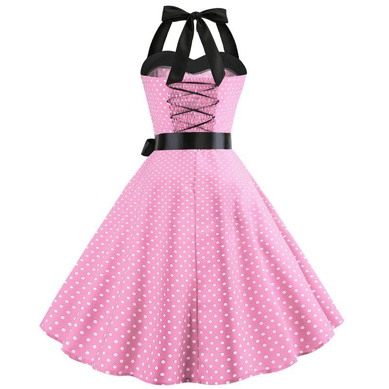 Robe vintage Rose à Pois Blancs à Col Licou
