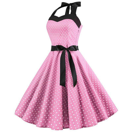 Robe vintage Rose à Pois Blancs à Col Licou