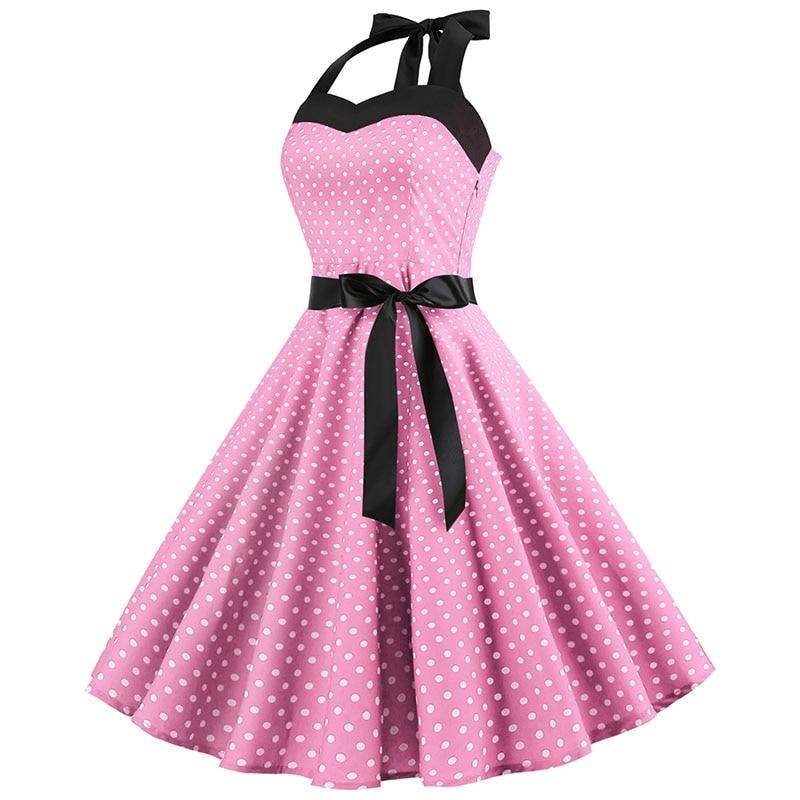 Robe vintage Rose à Pois Blancs à Col Licou