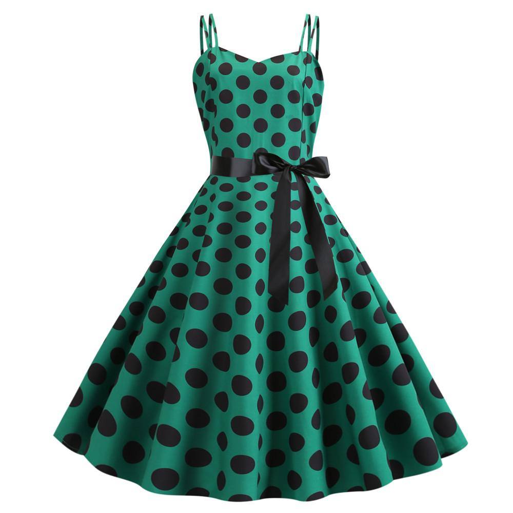 Grünes Vintage-Kleid mit schwarzen Polka Dots