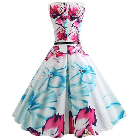 Robe vintage Blanche à Fleurs Roses Sans Manches