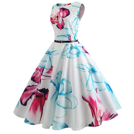 Robe vintage Blanche à Fleurs Roses Sans Manches