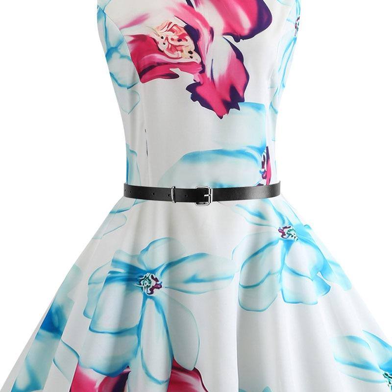 Robe vintage Blanche à Fleurs Roses Sans Manches